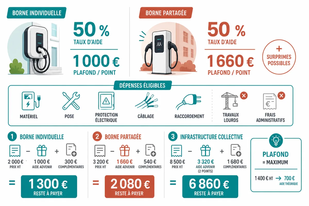 Comparaison des aides Advenir et du reste à payer selon trois projets de recharge en copropriété