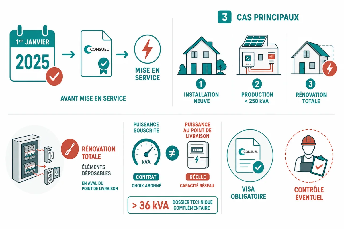 Arbre de décision des situations imposant une attestation Consuel avant la mise en service