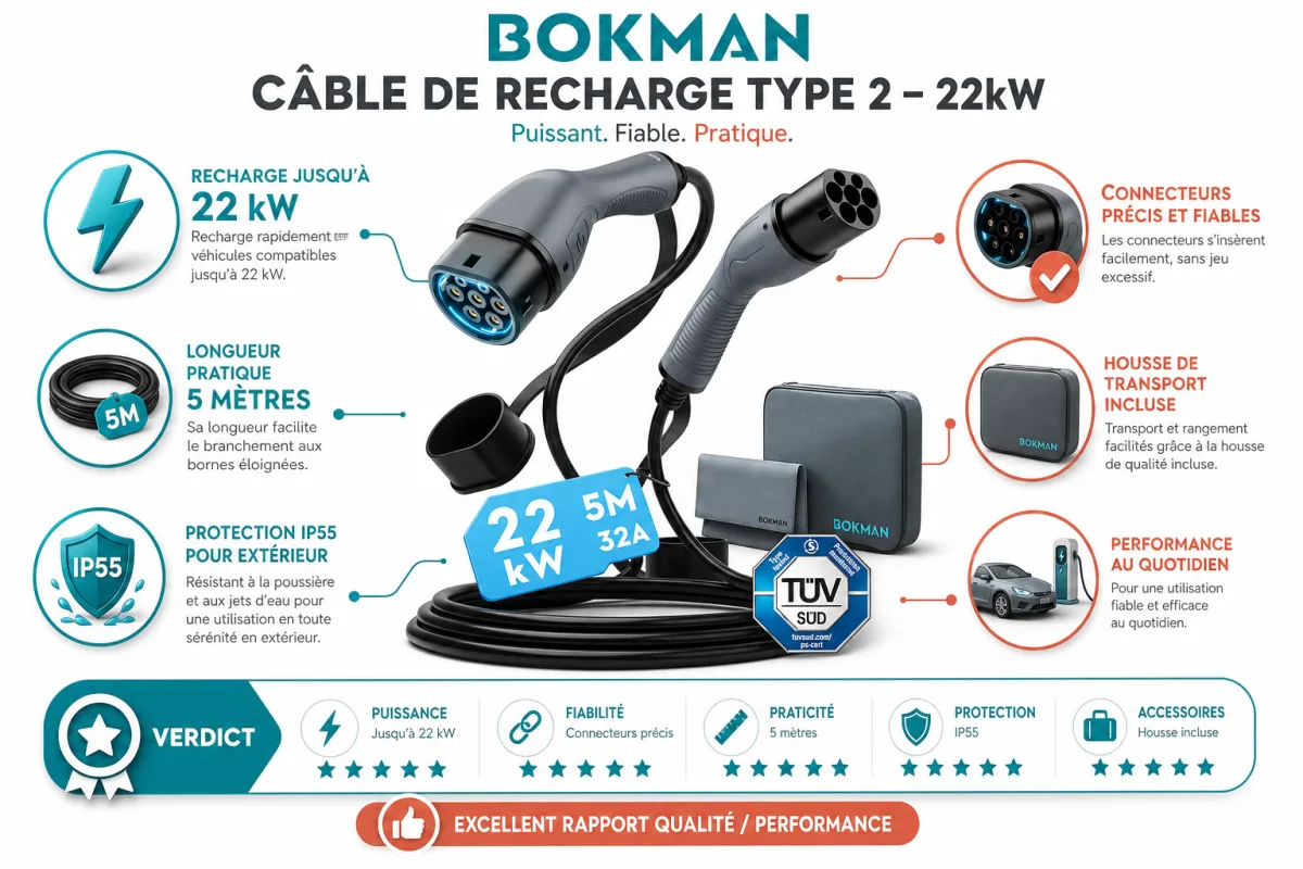 Fonctionnalites cles bokman bokman Câble de recharge Câble Type 2-22kW