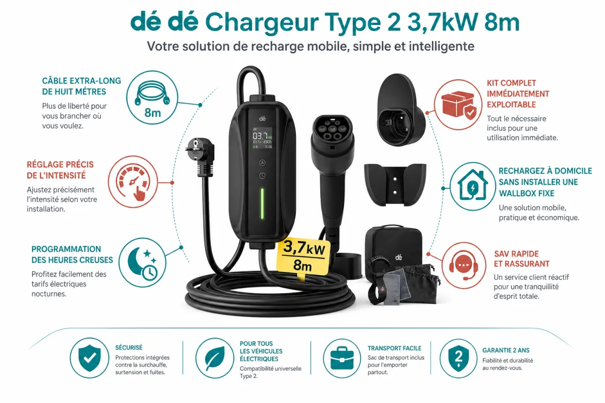 Fonctionnalites cles dé dé Chargeur Type 2 3,7kW 8m