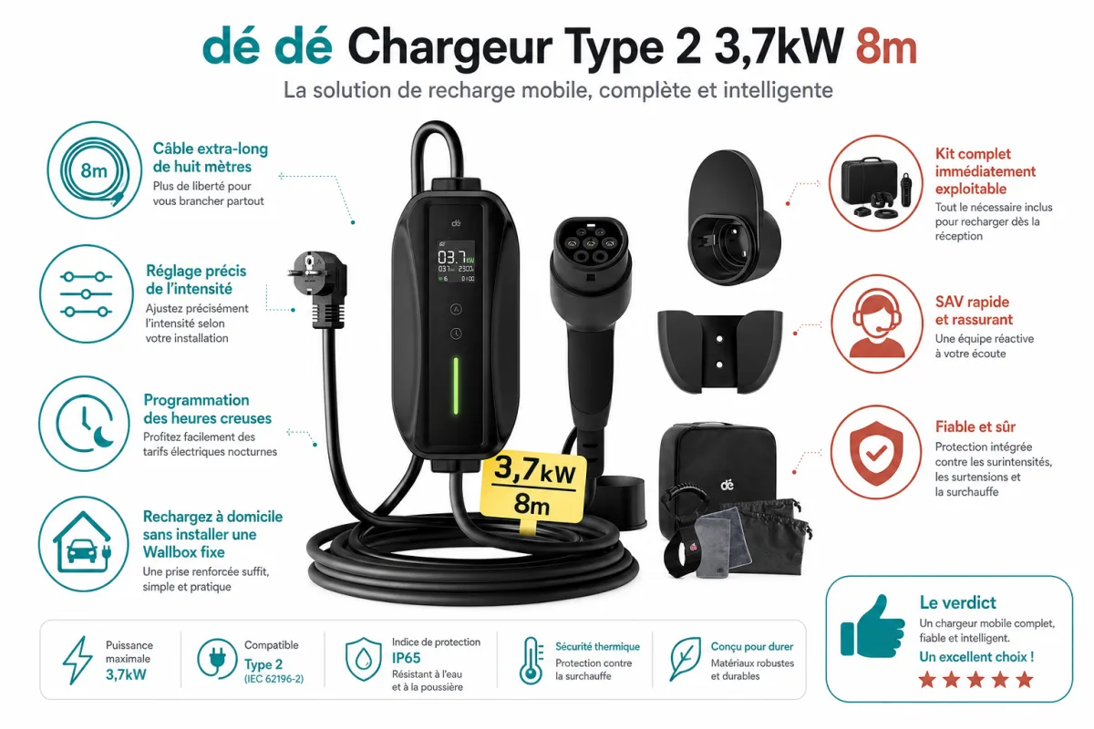 Fonctionnalites cles dé dé Chargeur Type 2 3,7kW 8m