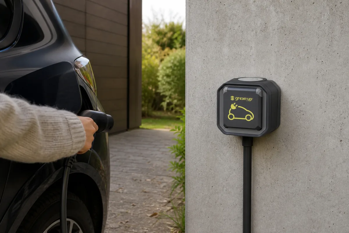 La prise 2P+T 16 A accompagne la recharge accélérée d'un véhicule électrique à domicile.