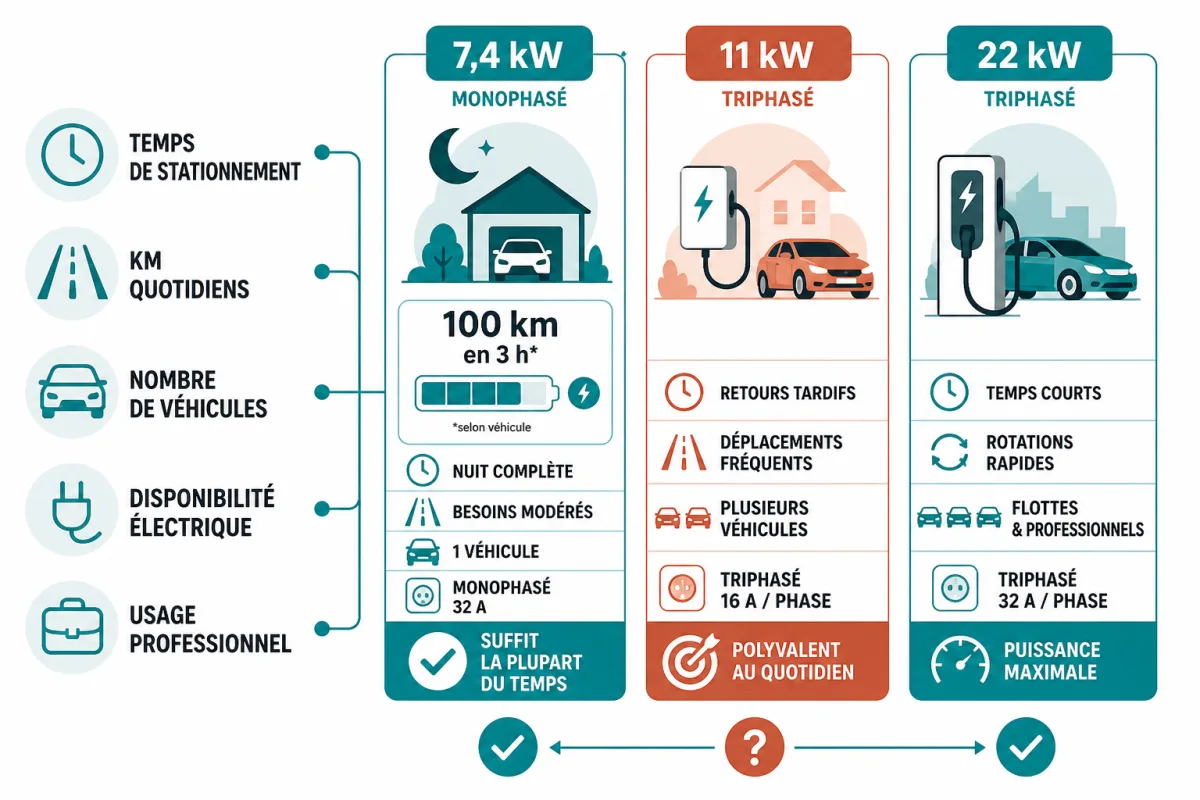 Comparaison des puissances, usages, contraintes électriques et compatibilités entre recharge 11 et 22 kW