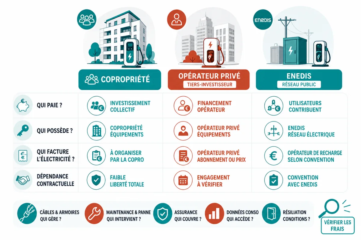 Comparaison des trois modèles de recharge collective selon propriété, coûts, responsabilités et évolutivité