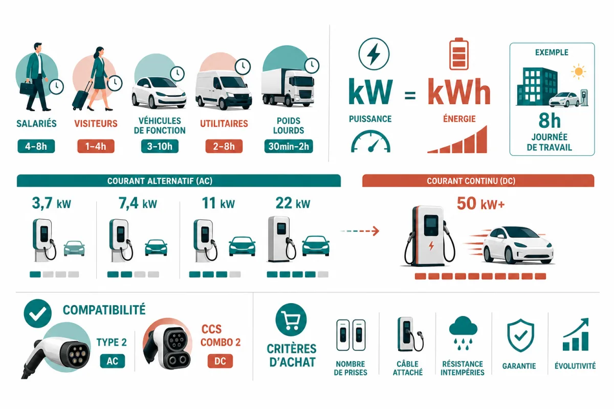 Puissance, durée de stationnement et contraintes électriques pour choisir une borne adaptée à chaque usage professionnel