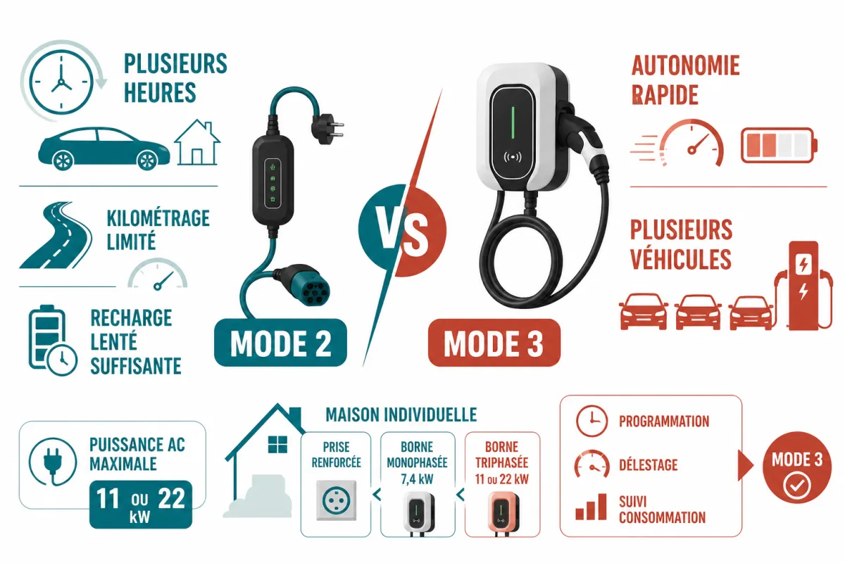 Arbitrage entre mode 2 et mode 3 selon puissance, usage quotidien, installation et budget total