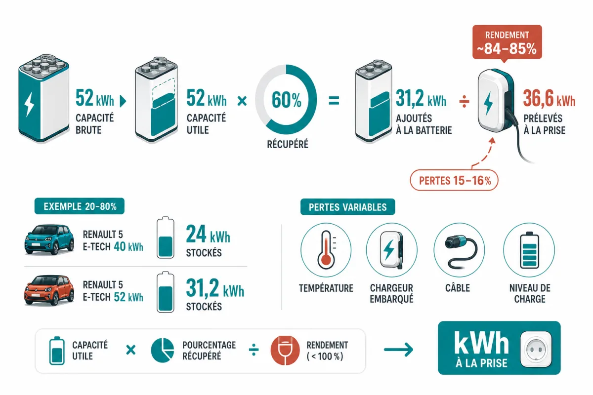 Calcul des kWh stockés et prélevés à la prise selon capacité, pourcentage récupéré et pertes