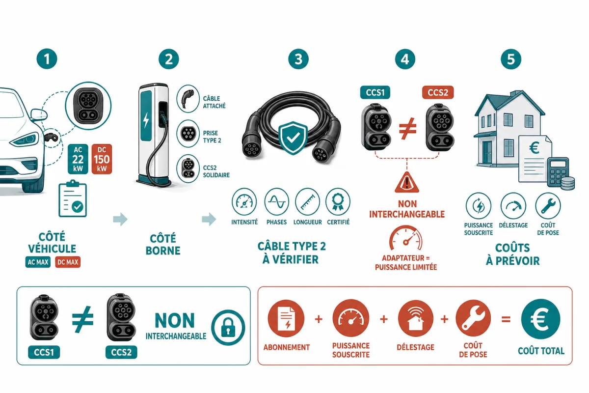 Arbre de décision pour choisir le connecteur selon véhicule, borne, puissance et usage de recharge