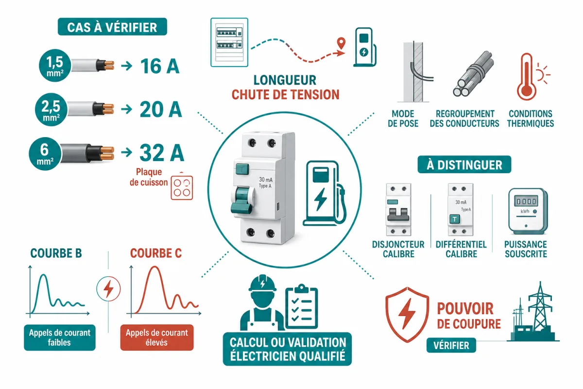 Correspondance entre section de câble, calibre, longueur et conditions de pose du circuit électrique