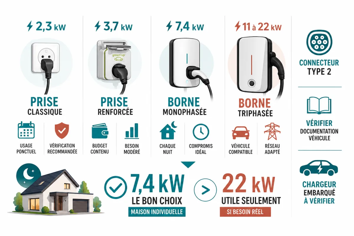 Comparaison des puissances, usages et contraintes des solutions de recharge à domicile