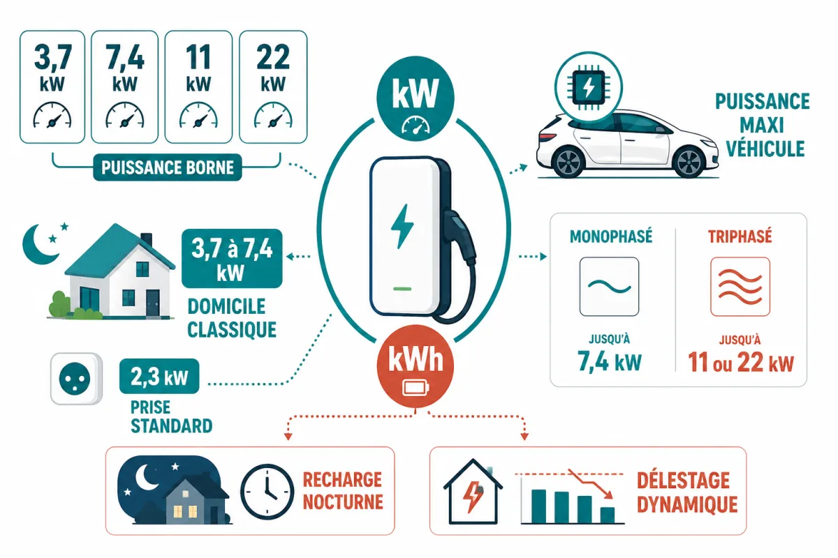 Comparaison des puissances de recharge domestique selon alimentation, durée nocturne et compatibilité du véhicule