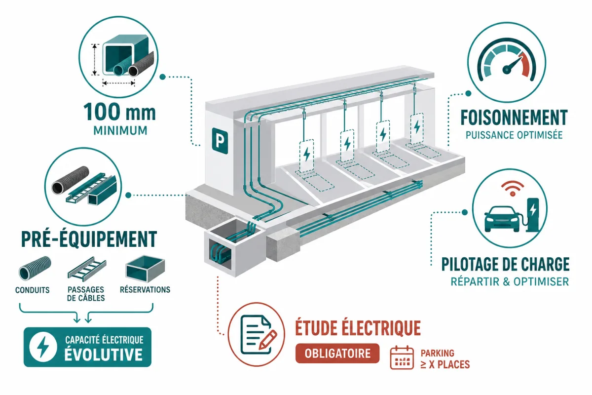 Pré-équipement d’un parking, capacité électrique, pilotage de charge et étapes réglementaires