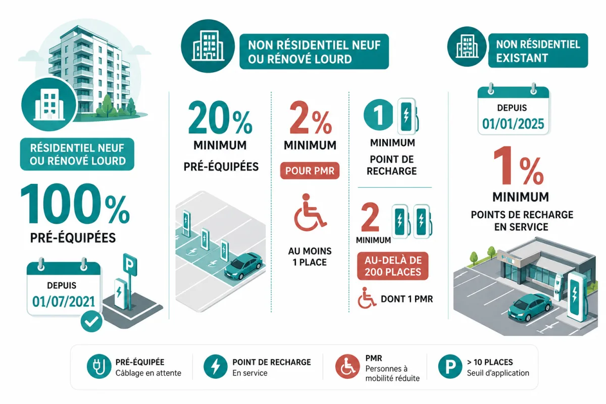 Répartition des obligations de pré-équipement et de points de recharge selon le type de parking