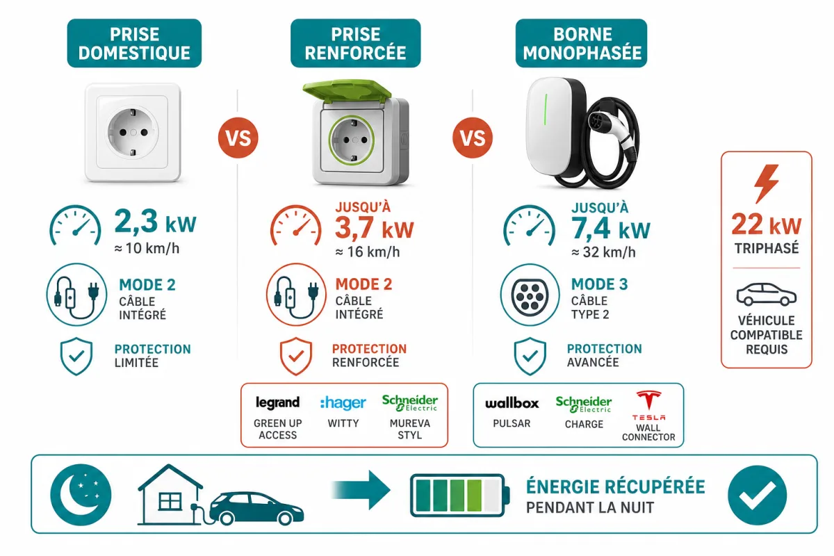 Comparaison des puissances, temps de recharge et usages entre prise classique, prise renforcée et borne