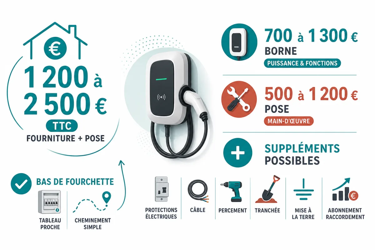 Décomposition du prix total d’une borne domestique entre matériel, pose et travaux complémentaires