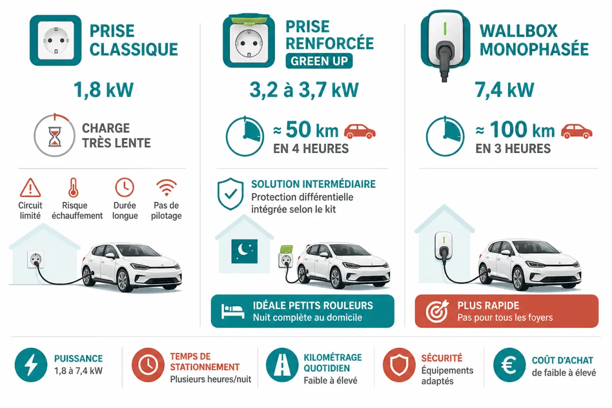 Comparaison des puissances, temps de recharge et usages des solutions domestiques
