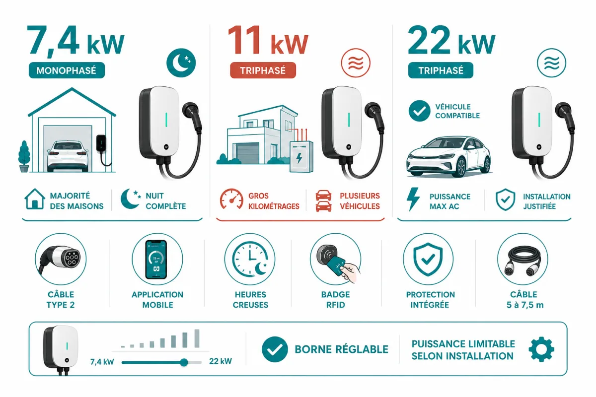 Arbitrage entre puissances de borne, autonomie récupérée, contraintes électriques et profils de recharge à domicile