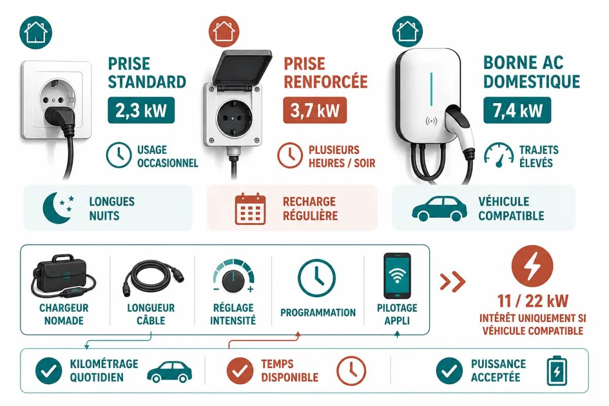 Comparaison des solutions de recharge domestique selon puissance, durée, usage quotidien et compatibilité automobile