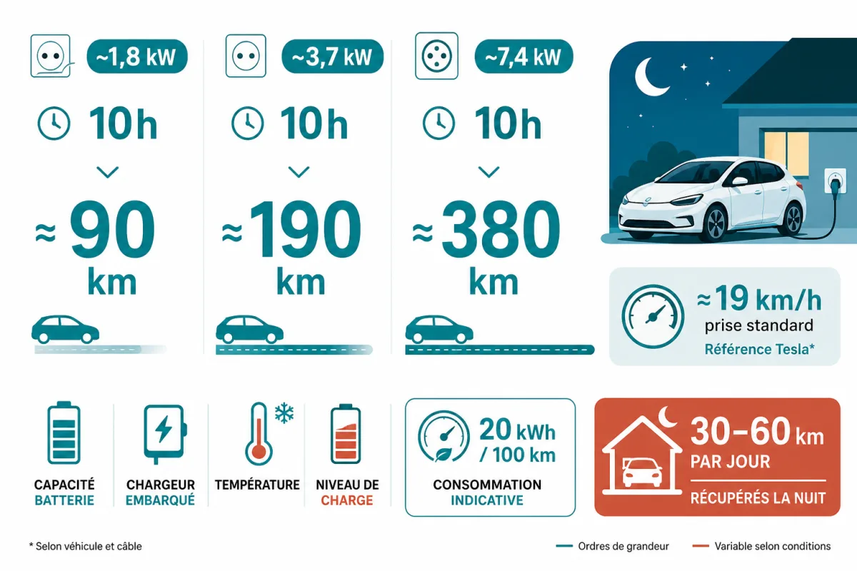 Kilomètres récupérés en une nuit selon la puissance de recharge et la consommation du véhicule