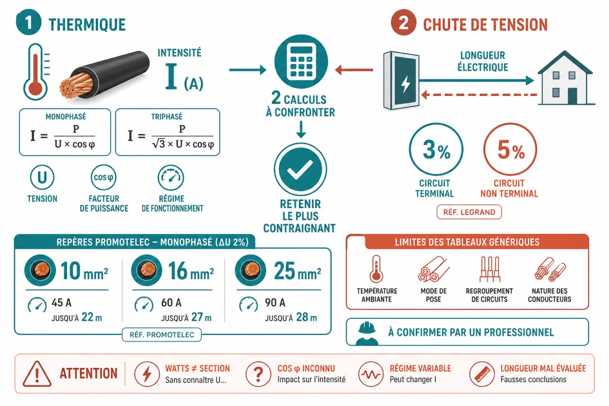 Arbitrage entre intensité, longueur, mode de pose et chute de tension pour choisir la section adaptée